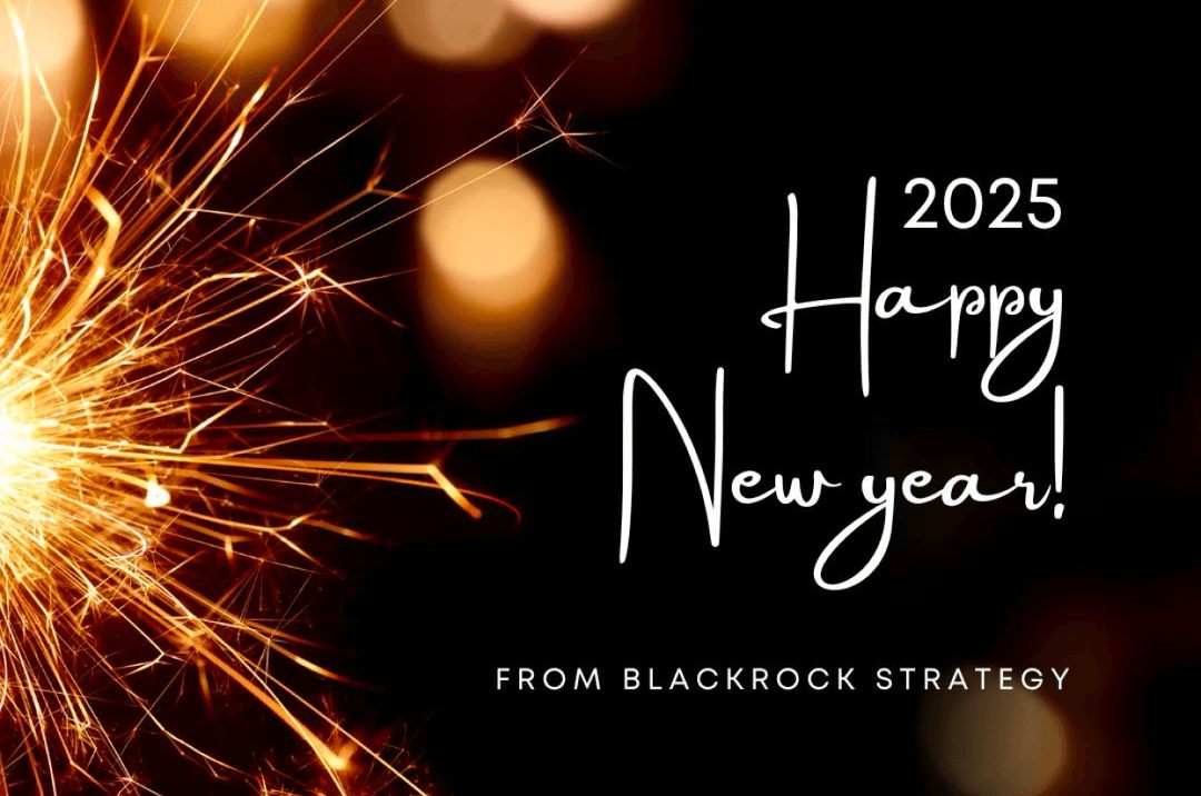 A lit sparkler on a dark background beside the words 2025 Happy New Year! from Blackrock Strategy