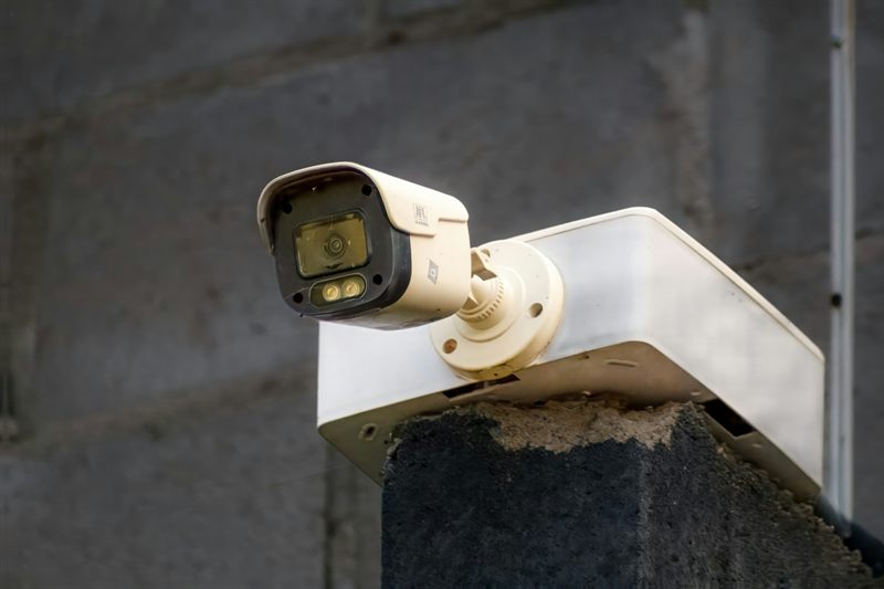 A white bullet security camera on a bracket in front of a gray block wall